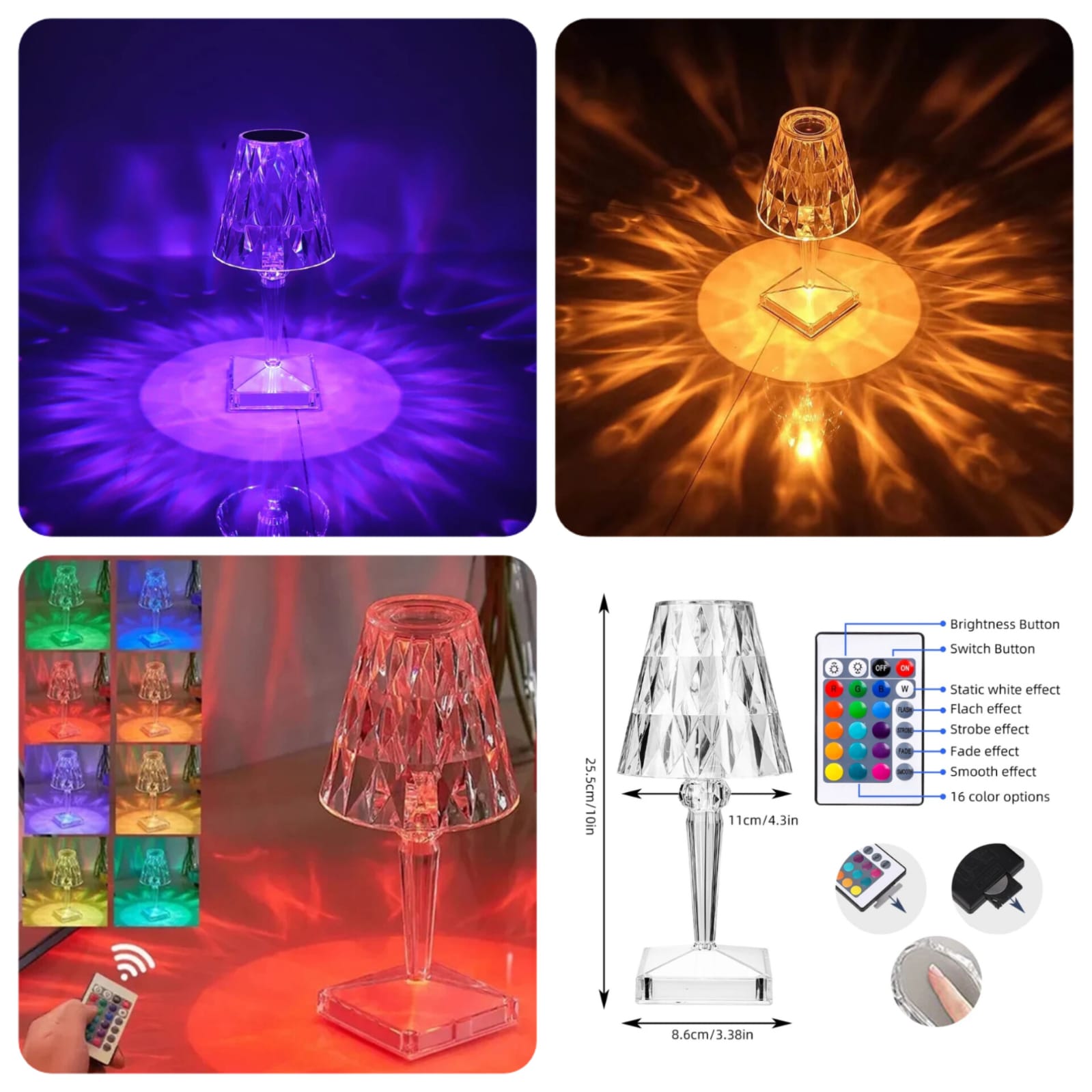Crystal Table Lamp Touch Control Crystal Rose Lamp, [2000mAh]Rechargeable LED Diamond Table Lamps with 3 Color Changing Light, [Non-Yellowing]Acrylic Cordless Table Lamp Small Lamp for Bedroom